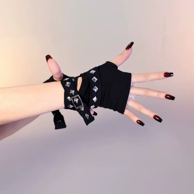 Y2K Tech Accessories - Unisex Schwarze Y2K Nieten-Ketten-Ärmelhandschuhe Hip-Hop Armstulpen